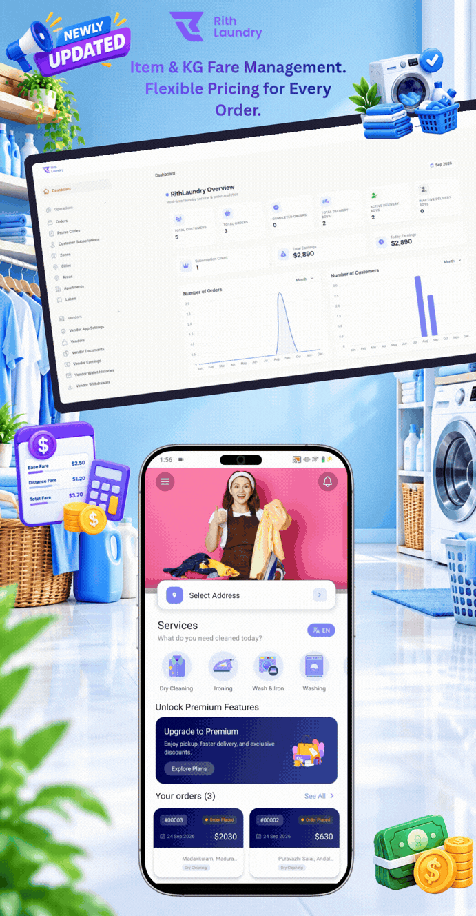 Complete Laundry App With Admin Panel | RithLaundry - OnDemand Laundry Booking System
